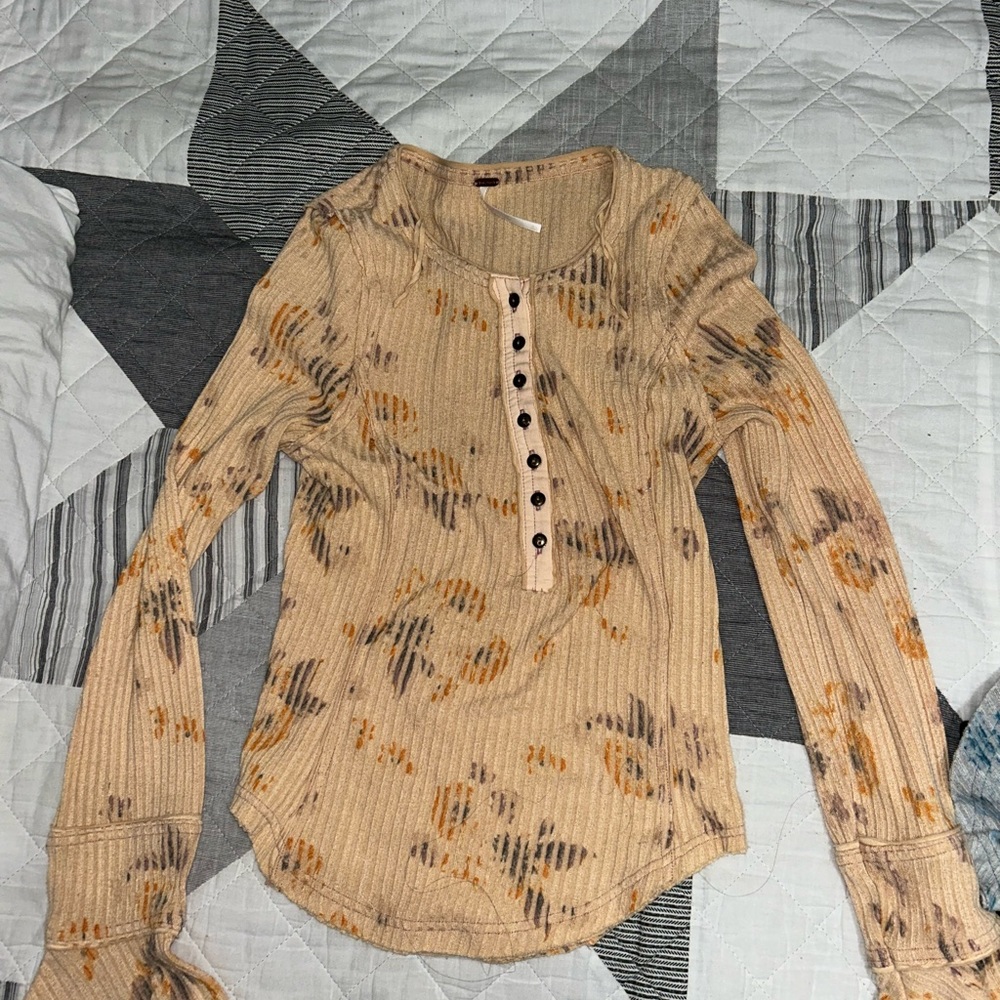 Free People Tan and Brown Long Sleeve Top with Bell sleeves